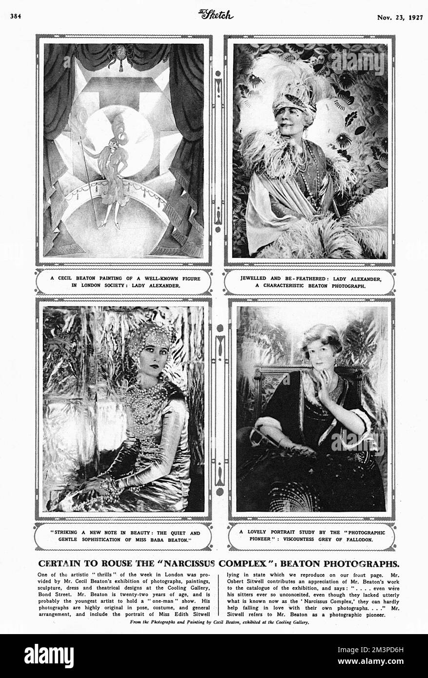 Photographs and a painting by Cecil Beaton, featuring Lady Florence Jane Alexander, Miss Baba Beaton(1912-1973) and Viscountess Grey of Fallodon (1871-1928), in a page in The Sketch, dated 23rd November 1927. These images also featured at the time in an exhibition in The Cooling Gallery on Bond Street.     Date: 1927 Stock Photo