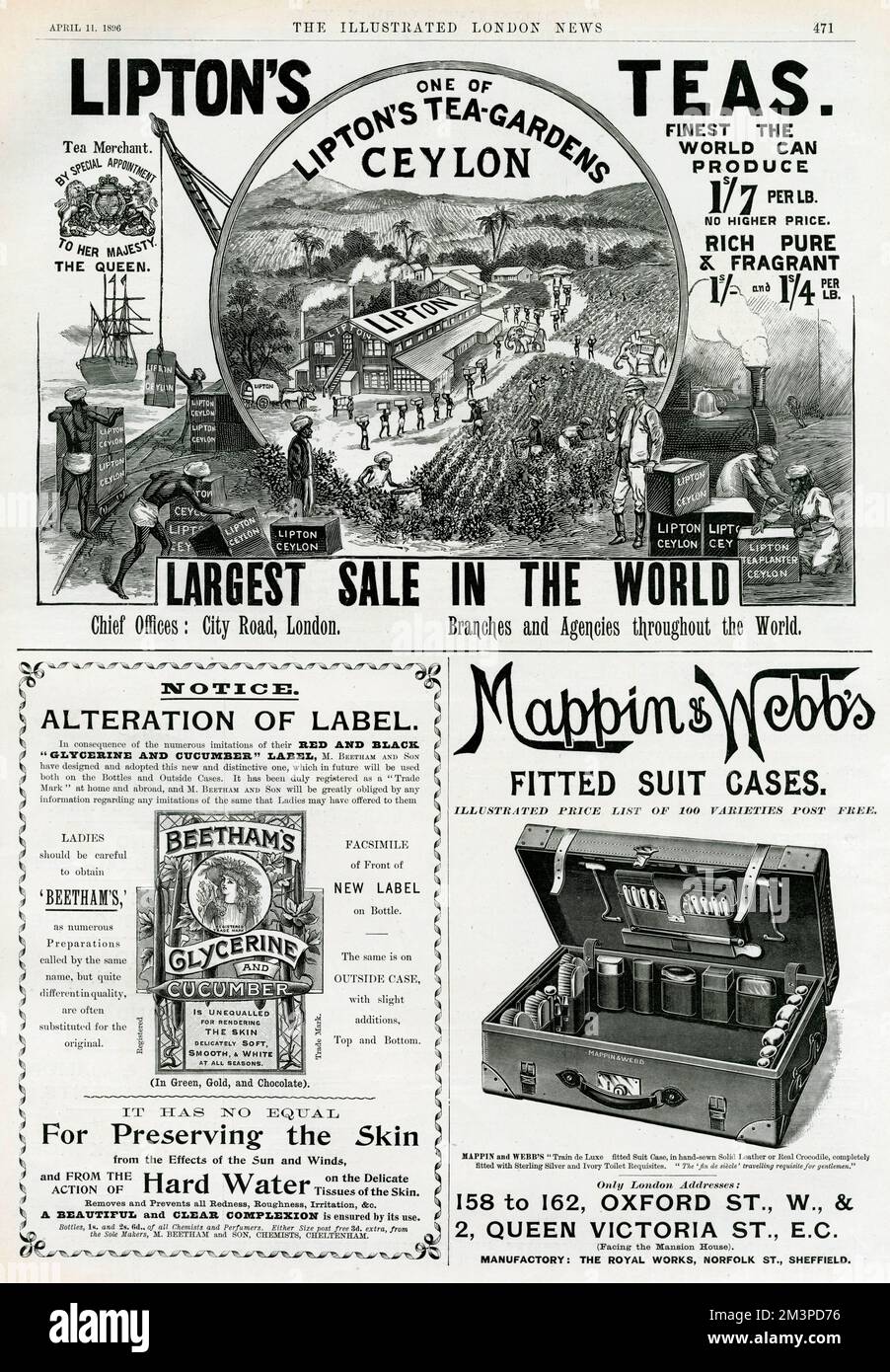 A page from 'The Illustrated London News', dated 11 April 1896, showing three advertisements, for Lipton's Teas, Beetham's Glycerine and Cucumber preparation, and  Mappin &amp; Webb's fitted suit cases.  April 1896 Stock Photo