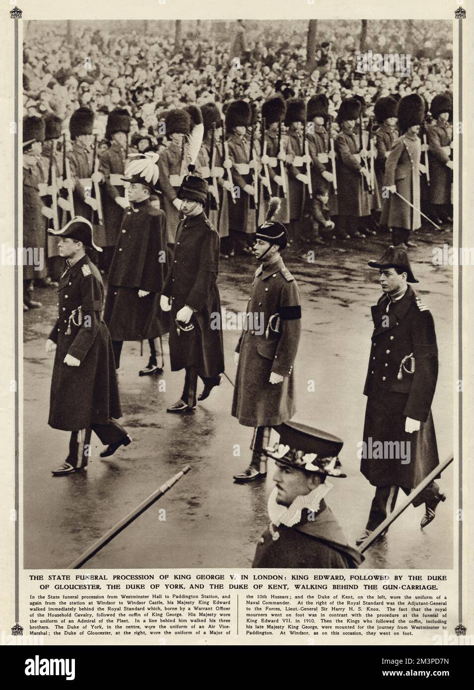 King Edward VIII (later Duke of Windsor), in the funeral procession of his late father, King George V, in London. With his three brothers, the Duke of Gloucester (left), the Duke of York (later King George VI), centre, and the Duke of Kent (right). Behind are the Field-Officer-in-Brigade-Waiting and the Silver-Stick-in-Waiting.     Date: 1936 Stock Photo