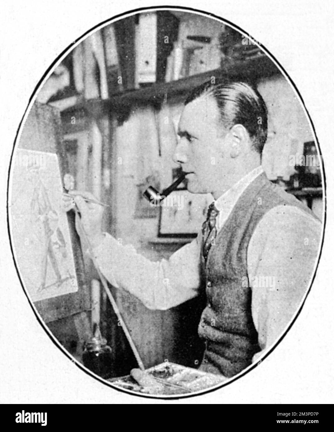 Mr P. R. G. Buchanan, whose caricatures, mainly of horse racing society, under the pseudonym 'The Tout' were published in The Tatler and The Bystander magazines during the 1920s and 30s.  Pictured at work at his easel in 1923 when an exhibition of his drawings was held at the Walker Art Galleries in New Bond Street.       Date: 1923 Stock Photo