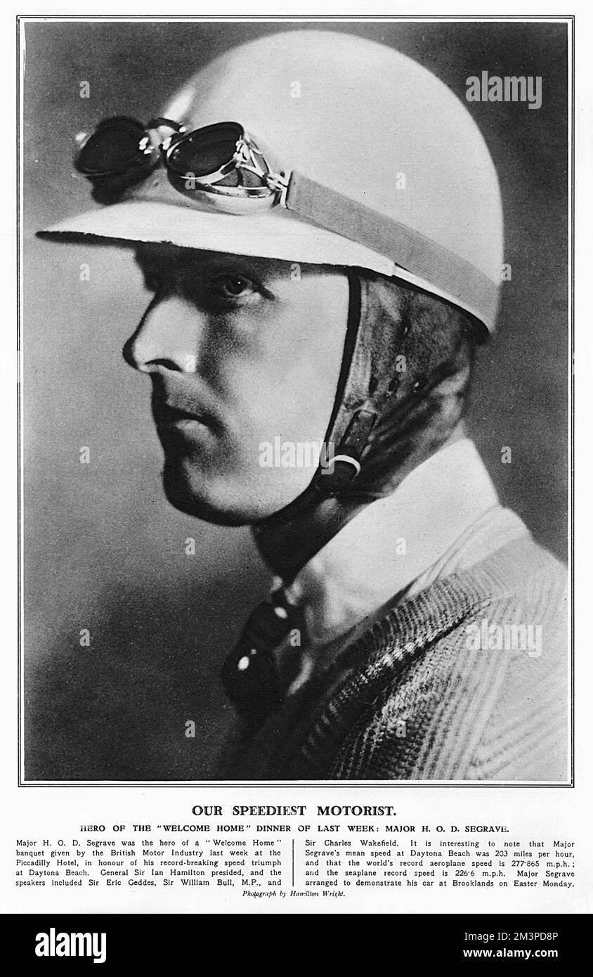 Major Henry Segrave (1896-1930), one-time holder of both land and water speed records. He was a national hero, and the only British man to win a Grand Prix for 32 years after his victory in France in 1923. He was killed on Windermere while attempting to break further speed records.     Date: 1927 Stock Photo