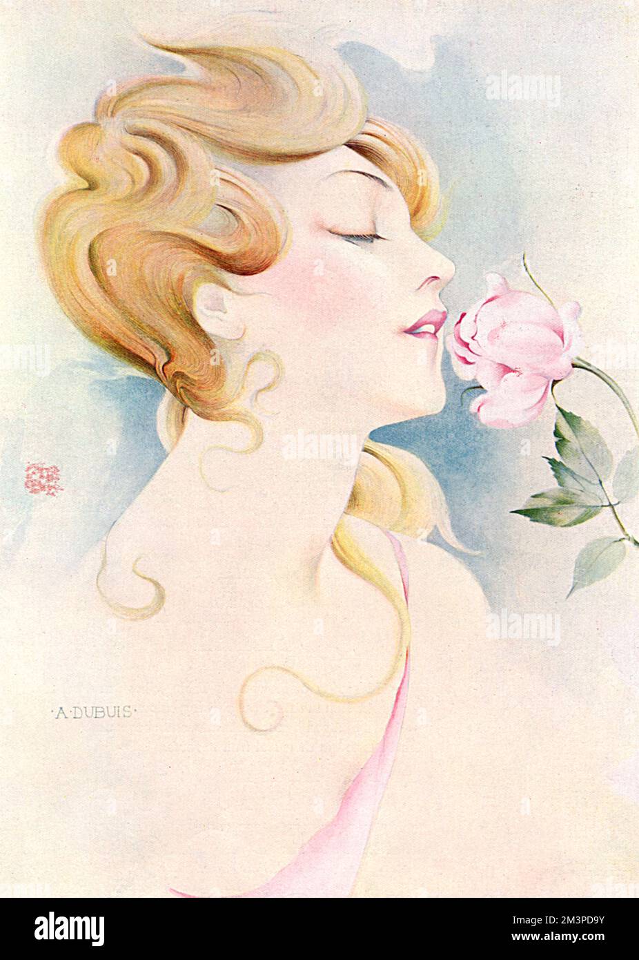 A romantic illustration showing a blonde woman with an English rose complexion inhaling the scent of a pink rose in full bloom.     Date: 1927 Stock Photo