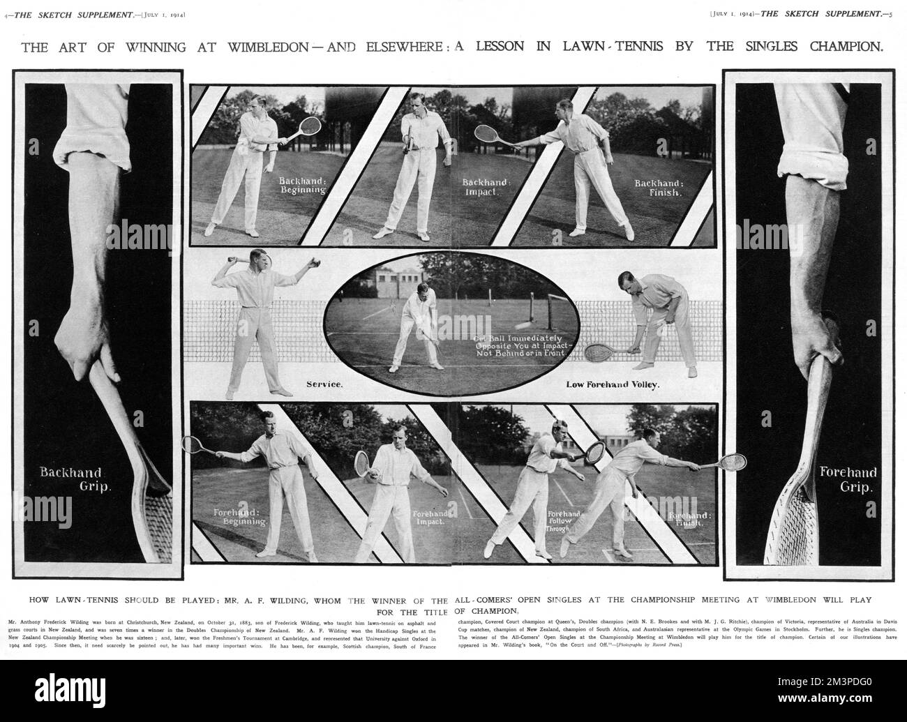 Double page spread from The Sketch magazine featuring the New Zealand-born four times Wimbledon tennis champion, Anthony Wilding demonstrating various strokes, shots and grips.  Wilding was hugely popular and well-known in society.  He lost in the 1914 final to Norman Brookes.  He was killed on the Western Front in May 1915 near Neuve Chapelle at the Battle of Aubers Ridge.     Date: 1914 Stock Photo