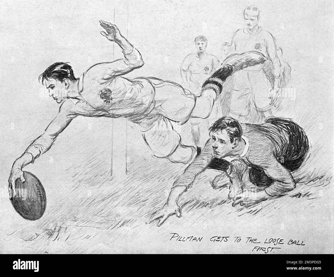 A scene from the England v Wales rugby union match at Twickenham, won 10-9 by England, in the Five Nations Championship. Here, Charles Pillman scores England's second try, winning a chase to the ball.     Date: 17 January 1914 Stock Photo