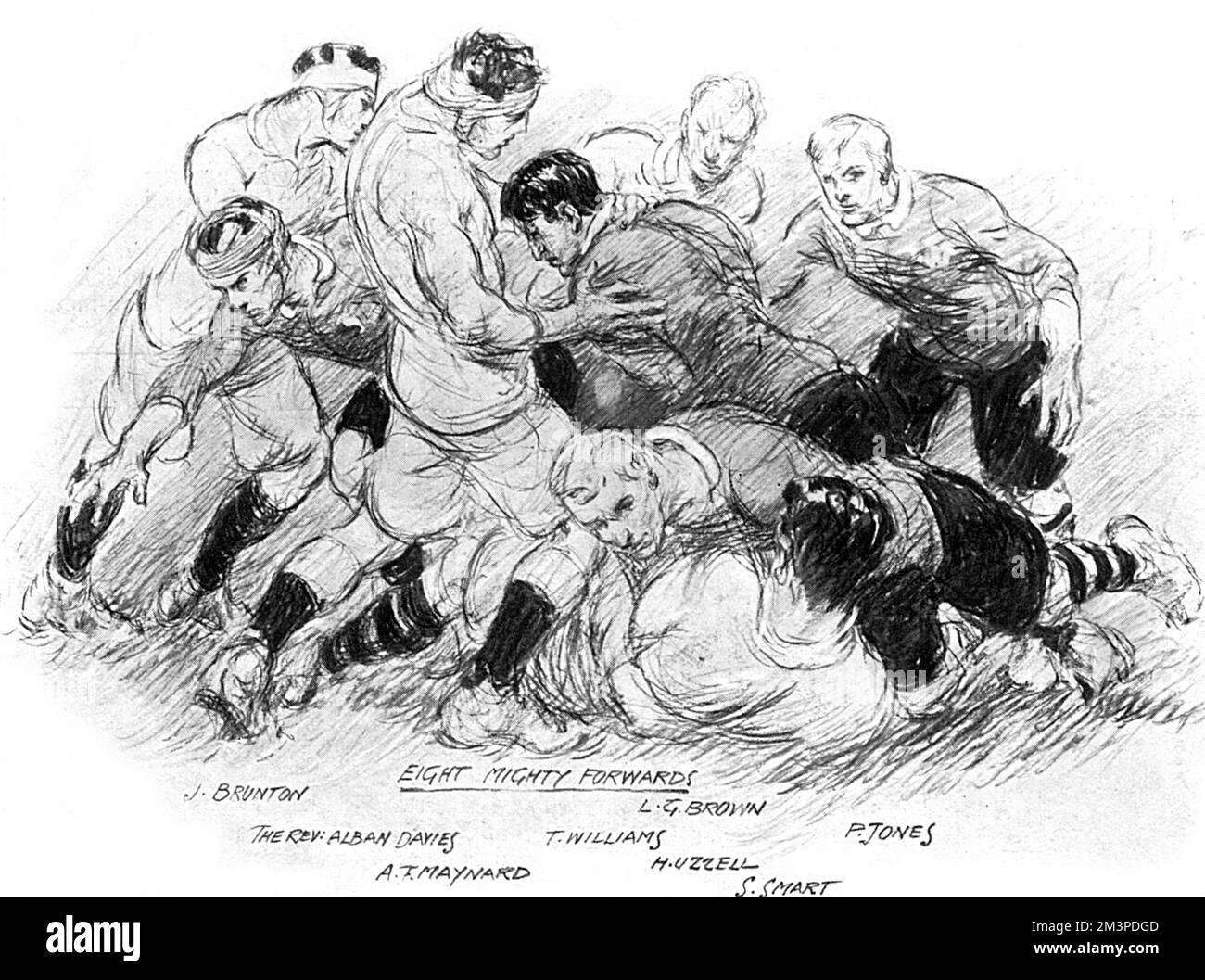 A scene from the England v Wales rugby union match at Twickenham, won 10-9 by England, in the Five Nations Championship. Here, English and Welsh forwards clash in a ruck for the ball.     Date: 17 January 1914 Stock Photo