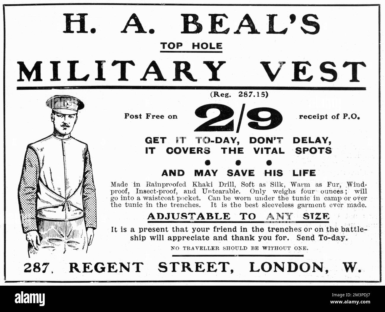 Advertisement for a 'top hole' military vest, 'made in rainproofed khaki drill, soft as silk, warm as fur, windproof, insect-proof, tear proof' and only weighing four ounces.  Adjustable to any size, it 'covers the vital spot and may save his life.'     Date: 1915 Stock Photo