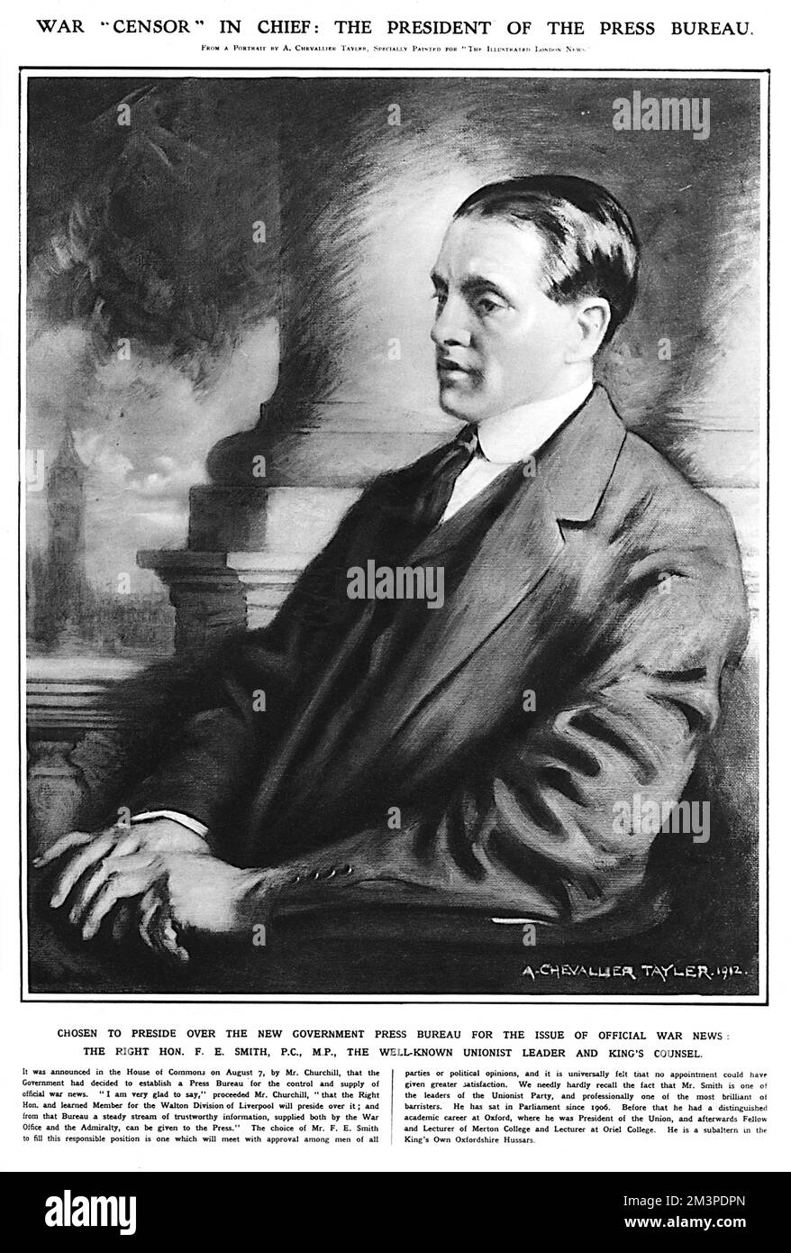 The Right Hon F E Smith MP, appointed War Censor in Chief, President of the newly formed Government Press Bureau, on the outbreak of the First World War.       Date: 1914 Stock Photo