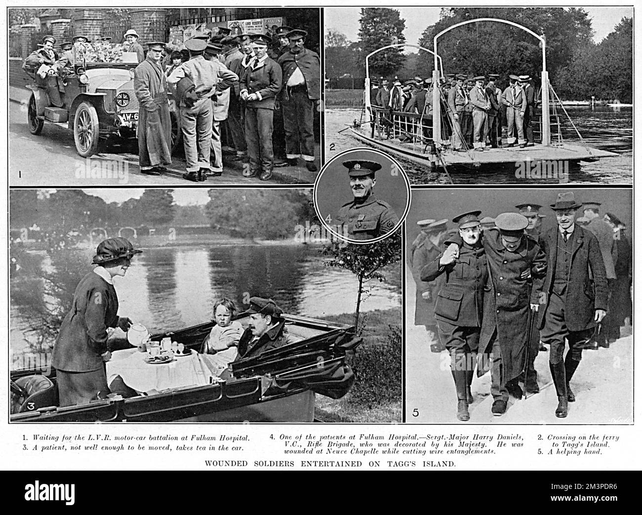 Men taken out on a trip by the London Volunteer Rifles who offered large parties of wounded soldiers from London hospitals trips into the country, entertaining them at golf clubs, athletic grounds private houses etc.  This particular trip shows over two hundred men visiting Tagg's Island as the guest of an anonymous gentleman.  1.  Waiting for the LVR motor car battalion at Fulham Hospital.  2.  Crossing on the ferry to Tagg's Island.  3.  A patient not well enough to be moved, takes tea in the car.  4.  One of the patients of Fulham Hospital - Sergt. Major Harry Daniels V.C., Rifle Brigade, w Stock Photo