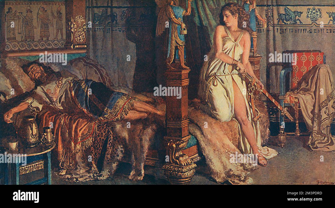 Judith, slayer of Holofernes, about to do some slaying as the latter lies asleep, unconcerned that her dress is about to fall off.  No. 3 in the Famous Women from History series written by Kenneth Bell, illustrated by Fortunino Matania and published in Britannia and Eve magazine.       Date: 1929 Stock Photo