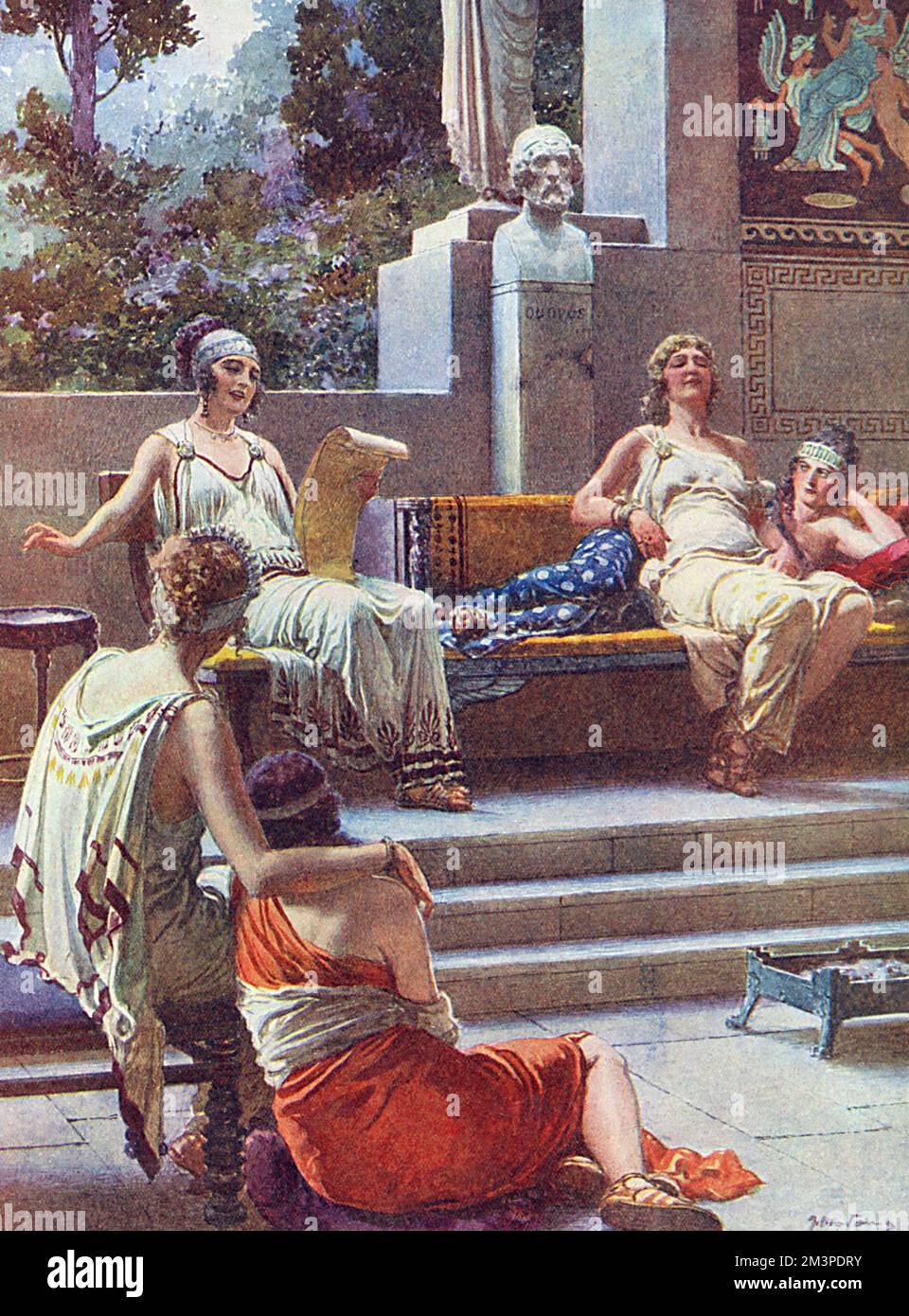 Atthis, Telesippa, Megara, Anactoria and Euneica sitting at the feet of the poetess Sappho as she recites some of her work.  No. 5 in a series on Famous Women from History written by Kenneth Bell and illustrated by Fortunino Matania in Britannia and Eve.       Date: BC Stock Photo