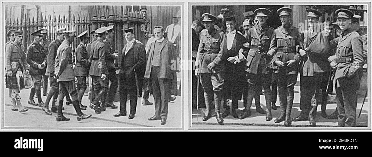 Two pictures showing a number of Cambridge University undergraduates arriving at Senate House to receive their degrees.  Of the 135 B.A. degrees conferred, about 40% of the recipients were in khaki, a number of whom were wounded.     Date: 1915 Stock Photo