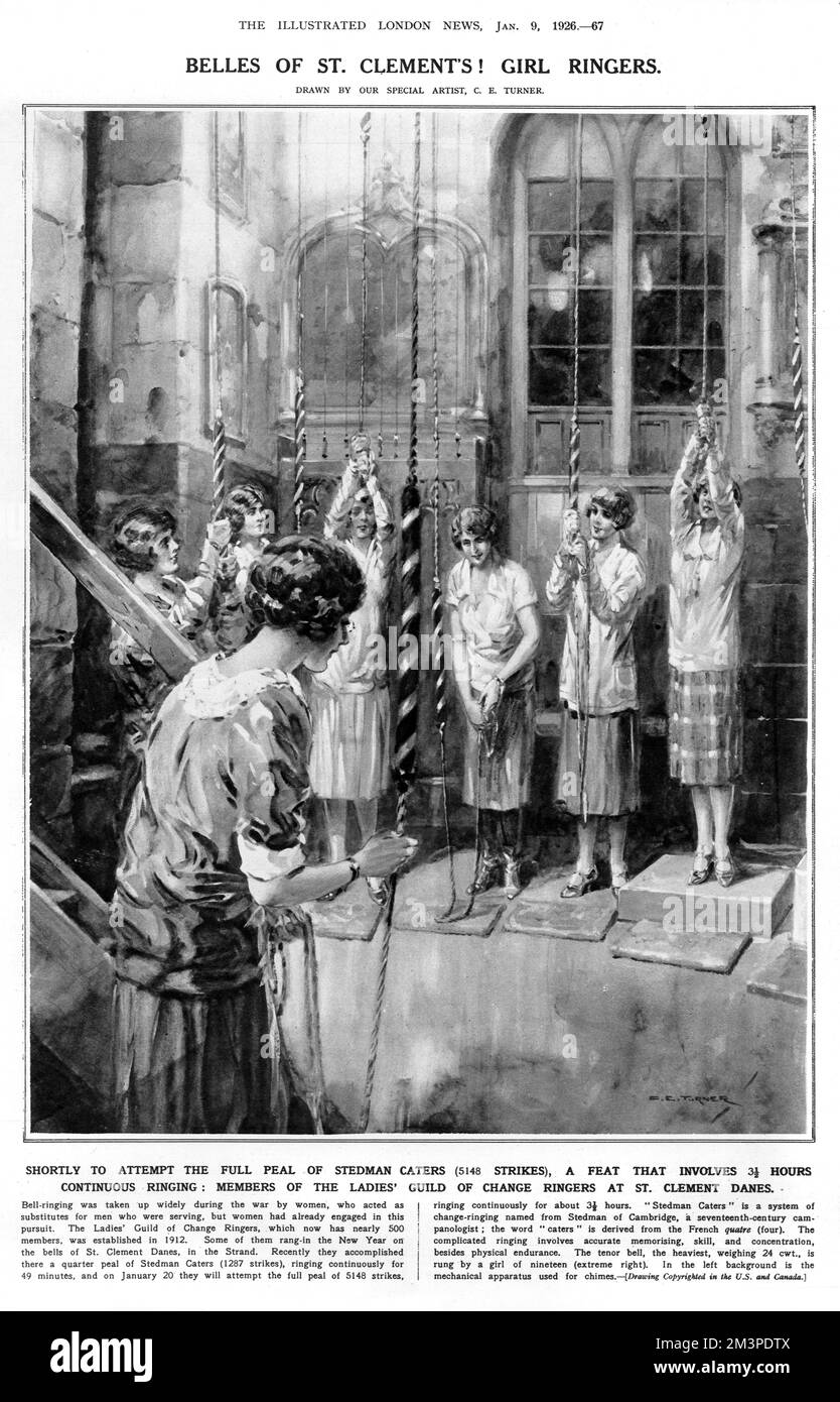 A band of female change ringers at St Clement Danes church in the Strand, London. The Illustrated London News deemed the sight of female bell ringers sufficiently interesting and unusual in 1926 to dedicate a whole page to their endeavours.  1926 Stock Photo