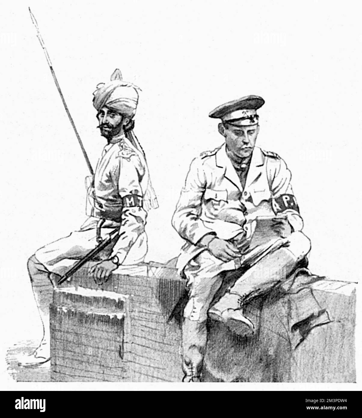East and West in Northern France - the contrast of a British and Indian officer on the Western Front in 1915.  One of a number of sketches by an unidentified officer reproduced in The Sphere to accompany an article entitled, 'With the Indian Troops in France.'     Date: 1915 Stock Photo