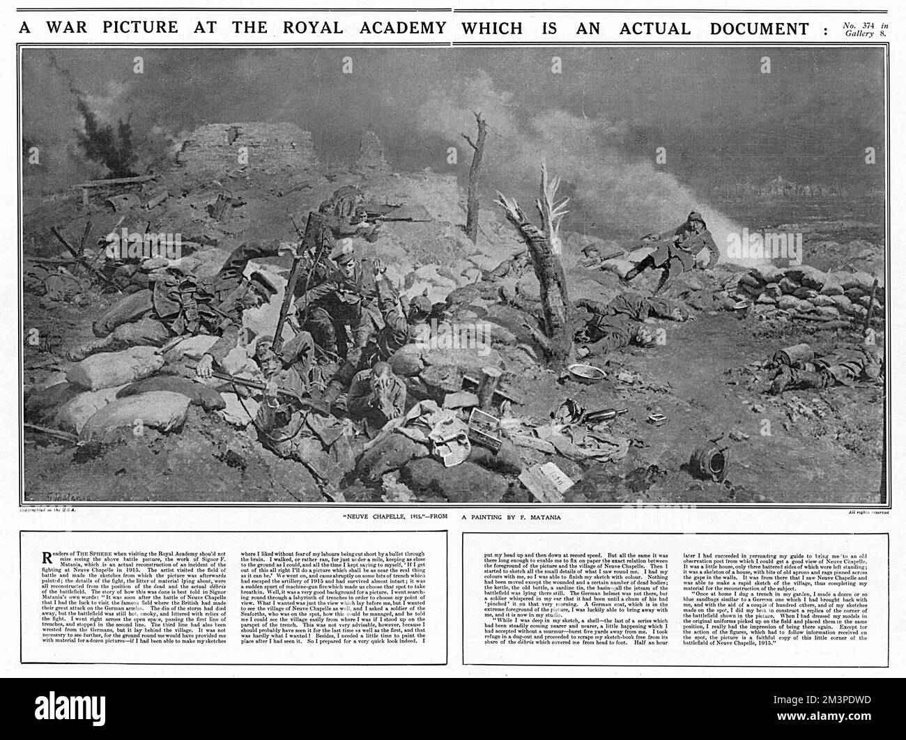 Reproduction in The Sphere of a painting of the Battle of Neuve Chapelle by Fortunino Matania which he exhibited at the Royal Academy in 1918.  The picture is accompanied by a narrative describing the lengths Matania went to to create the image from visiting the battlefield to digging a trench in his garden at home.  The Sphere entitles it, 'A War Picture at the Royal Academy which is an actual document' in order to underline its authenticity.     Date: 1915 Stock Photo