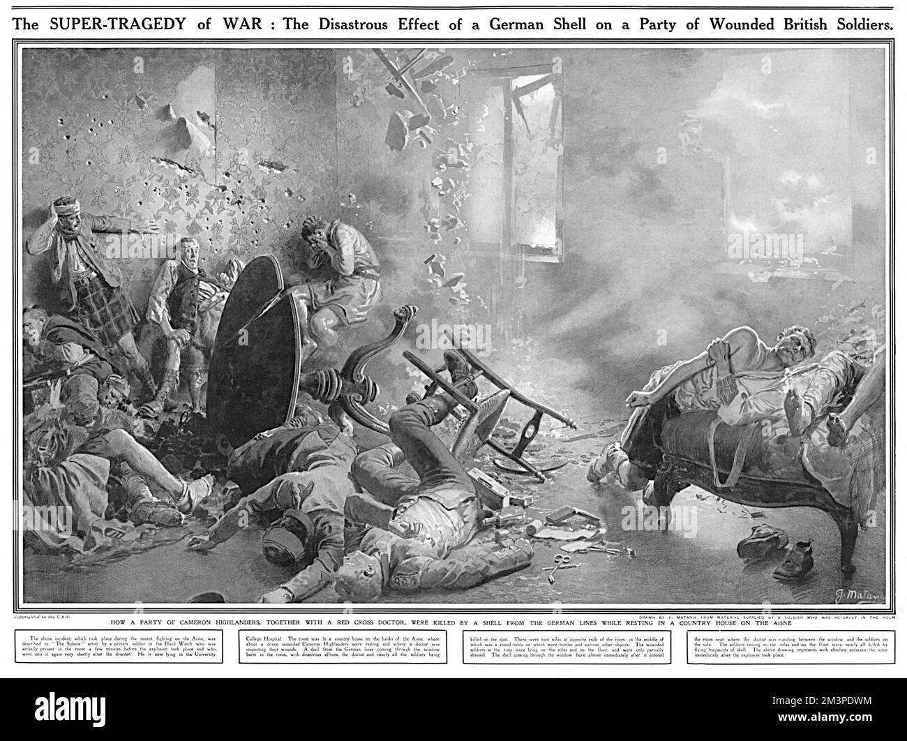 An incident described by a private soldier of the Black Watch who was present in the room a few minutes before a shell explosion took place and who was one of the first on the scene.  The witness's account was given from University College Hospital where he was recovering.  The scene shows a room in a country house on the banks of the Aisne where about a dozen wounded Cameron Highlanders were resting and a doctor was inspecting their wounds.  A shell from the German lines coming through the window burst in the room, with disastrous effects, the doctor and nearly all soldiers being killed on th Stock Photo