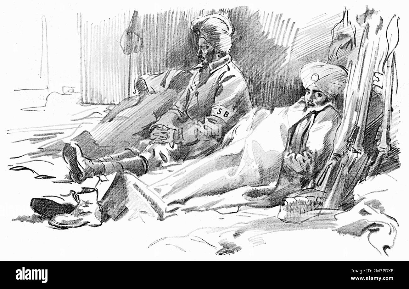 Sikh soldiers (regiment unidentified but likely to be The 15th Sikhs) resting in a building on the Western Front during the First World War.  One of a number of sketches by an unidentified officer reproduced in The Sphere to accompany an article, 'With the Indian Troops in France.'     Date: 1915 Stock Photo