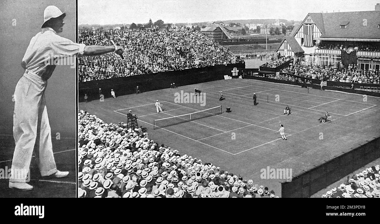 Anthony Wilding, New Zealand tennis player and four-times Wimbledon champion pictured playing in his last ever sporting competition - at the Davis Cup at Forest Hills, Long Island, N.Y, USA.  He was part of a team (including Norman Brookes, who had beaten him in the final at Wimbledon that year) to win the cup for Australasia.  Wilding was killed at the Battle of Aubers Ridge in May 1915.       Date: 1914 Stock Photo