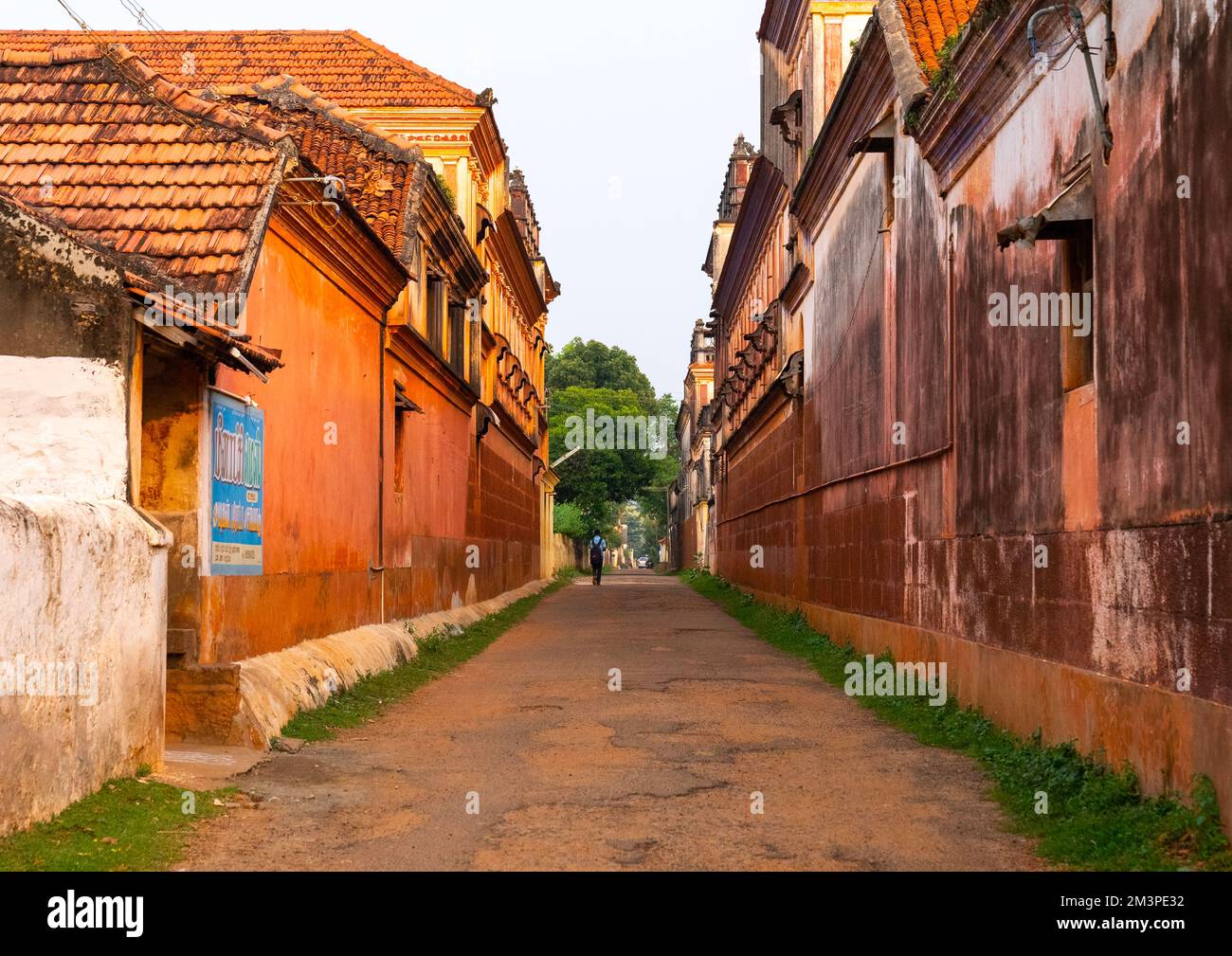 Quiet street with Chettiar mansions, Tamil Nadu, Pallathur, India Stock