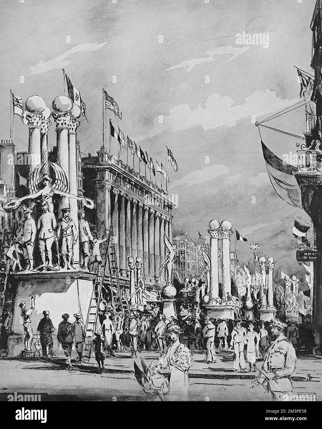 Symbolic display of temporary martial statues in Oxford Street outside Selfridge's department store, part of the street decorations in London for the Peace Day celebrations and procession following the signing of the Treaty of Versailles.       Date: 1919 Stock Photo
