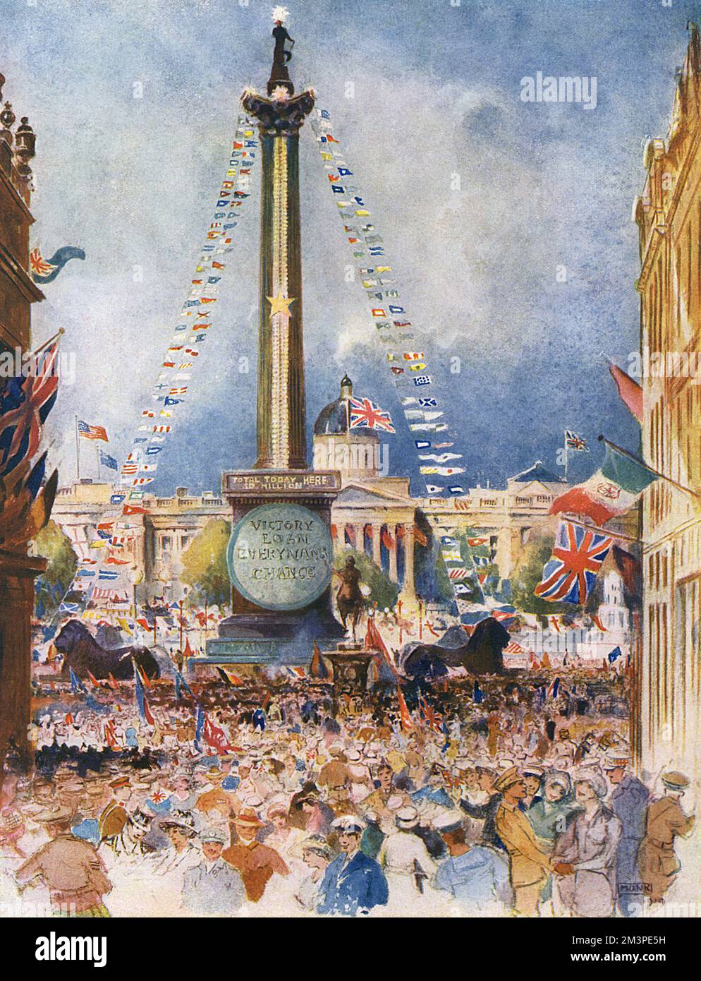 Trafalgar Square decorated for the peace celebrations following the signing of the Treaty of Versailles in July 1919.  Nelson's Column is decorated with flags and a large plaque encouraging the public to buy Victory Loans.       Date: 1919 Stock Photo