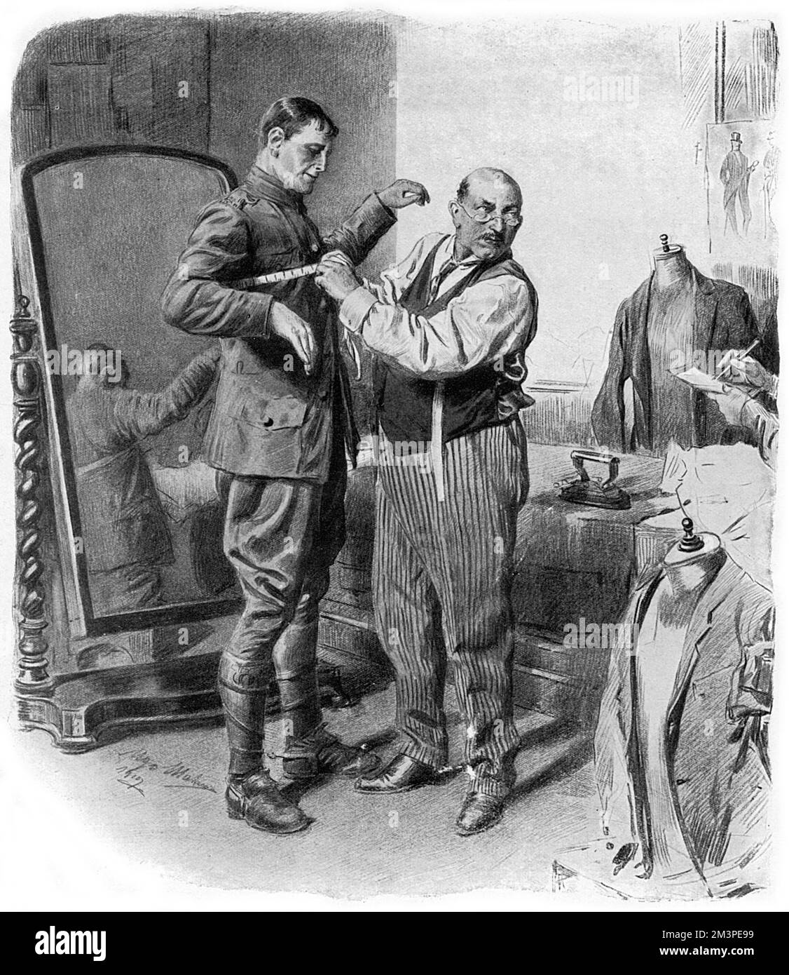 A tailor measures a demobbed soldier for civilian clothes after his return from the Great War.       Date: 1919 Stock Photo