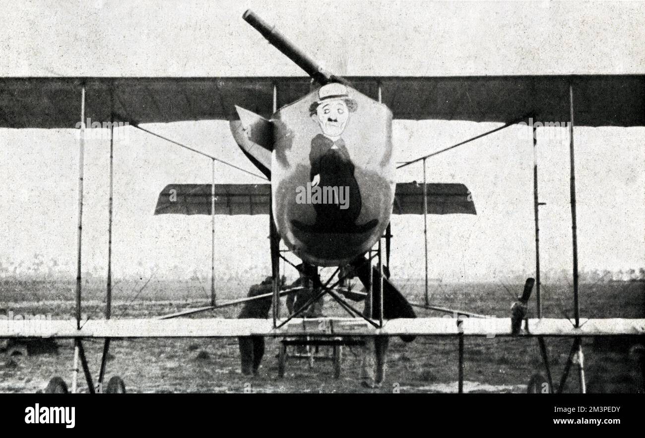 WW1 - An illustration of the world-popular cinema star, Charlie Chaplain, on the nose of a Belgian aeroplane. The idea behind the Belgian avaiator's sense of humour is that the image of the comedian would not be appreciated by the enemy in times of serious air-warfare.     Date: 1916 Stock Photo