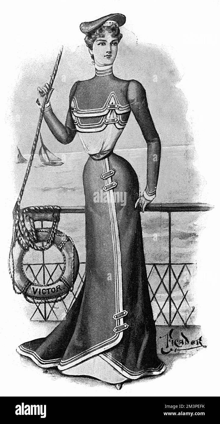 A yachting costume of blue serge. The main part of the costume is dark blue serge, with an under-bodice and skirt of white serge. Braided with white, it has tabs fastened with gold buttons.  1899 Stock Photo