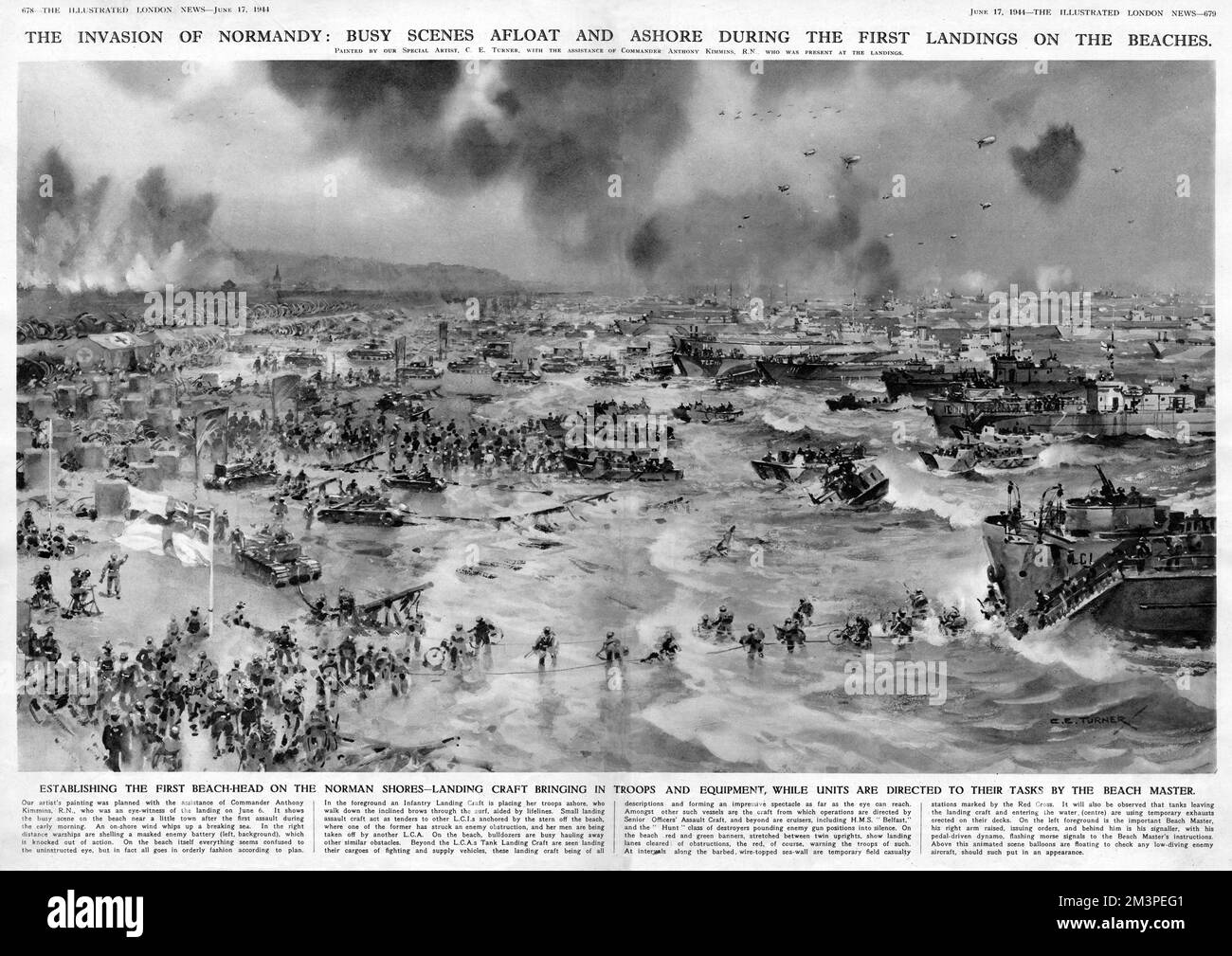 A depiction by C.E.Turner of a scene during the early morning of 6th June 1944 as British forces make an amphibious landing on one of the Normandy beaches during D-Day. The scene is a mass of men, landing craft, ships and all manner of tanks and other vehicles being offloaded onto the beach. To the lower left can be seen the important Beach Master (arm raised), issuing orders, sometimes conveyed by the morse code signaller behind him, his light powered by a pedalled dynamo.Though the artist was not present, his work was based on the eye-witness account of Commander Antony Kimmins of the Royal Stock Photo