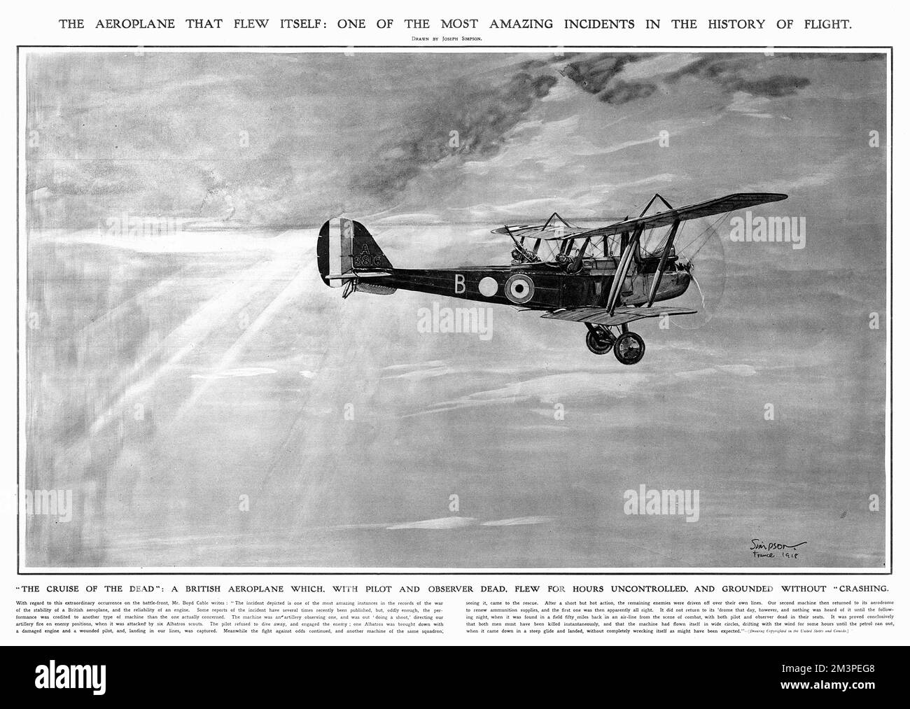A British biplane flies on, though the pilot and observer are both dead. The aeroplane was observing artillery when set upon by enemy Albatros scouts. With the aid of another aircraft from the same squadron, the British 'plane was able to drive the enemy planes away back to their lines. Assuming all was well with the first British 'plane, the second returned to its aerodrome. When it failed to return, it was only found the following night, fifty miles from the scene of combat. Both pilot and observer had been killed during the dogfight, and their 'plane had flown itself in broad circles until Stock Photo