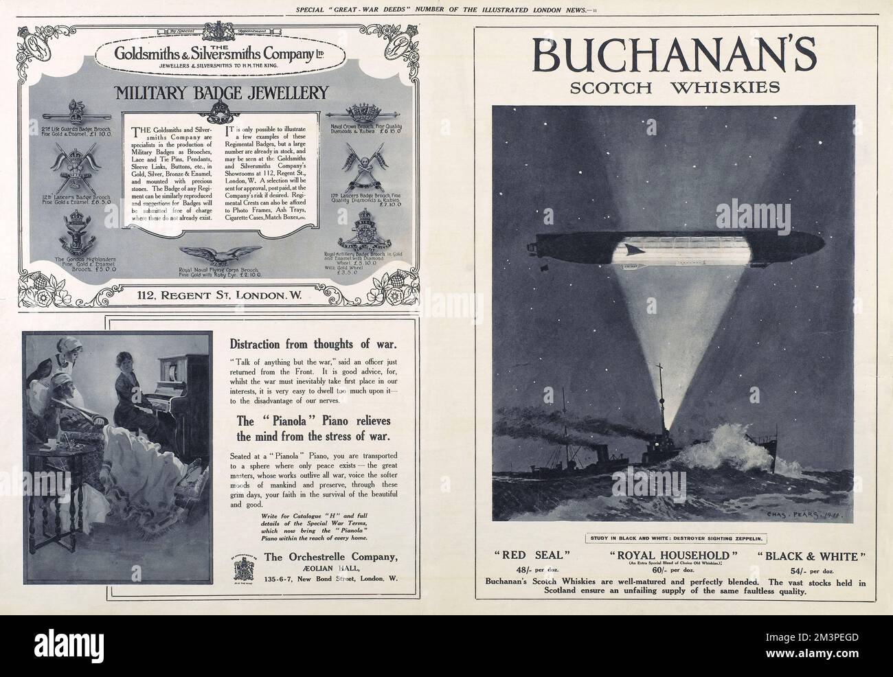 A page of three advertisements in Great War Deeds, a special panorama supplement produced by the Illustrated London News in 1915, featuring heroic actions of the First World War.  The adverts are for the Goldsmiths &amp; Silversmiths Company (military badge jewellery), the Orchestrelle Company (pianola piano), and Buchanan's Scotch Whiskies, all three with explicit references to the war.       Date: 1915 Stock Photo
