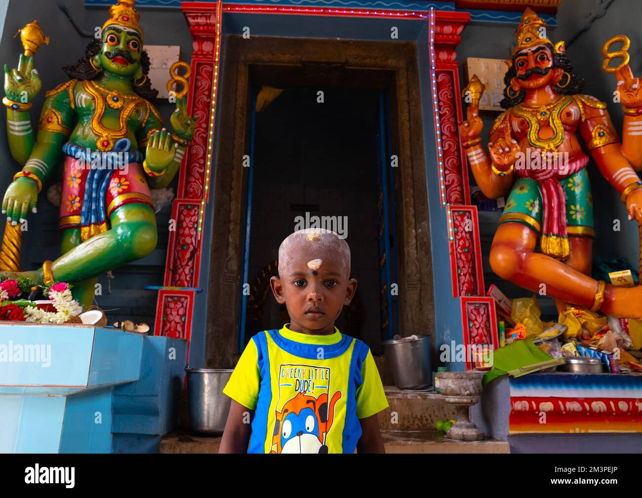 Indian boy in front of deities statues, Tamil Nadu, Karaikudi, India Stock Photo