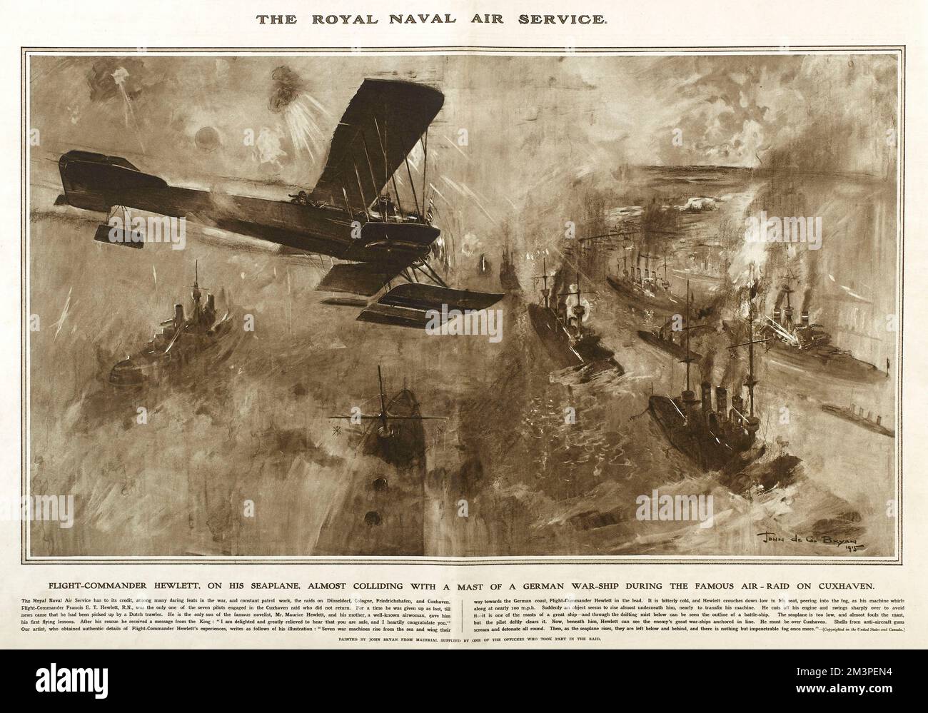 Flight Commander Hewlett of the Royal Naval Air Service (before the RAF was formed) almost colliding with a mast of a German warship during the air raid on Cuxhaven on Christmas Day 1914.  Reproduction of a painting by John Bryan in Great War Deeds, a special panorama supplement produced by the Illustrated London News in 1915, featuring heroic actions of the First World War.      Date: 1914 Stock Photo