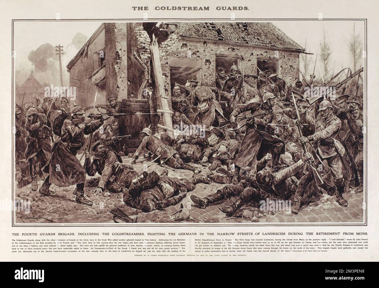 The Fourth Guards Brigade, including the Coldstream Guards, fighting the Germans in the narrow streets of Landrecies during the retreat from Mons.  Reproduction of a painting by R Caton Woodville in Great War Deeds, a special panorama supplement produced by the Illustrated London News in 1915, featuring heroic actions of the First World War.      Date: 1914 Stock Photo
