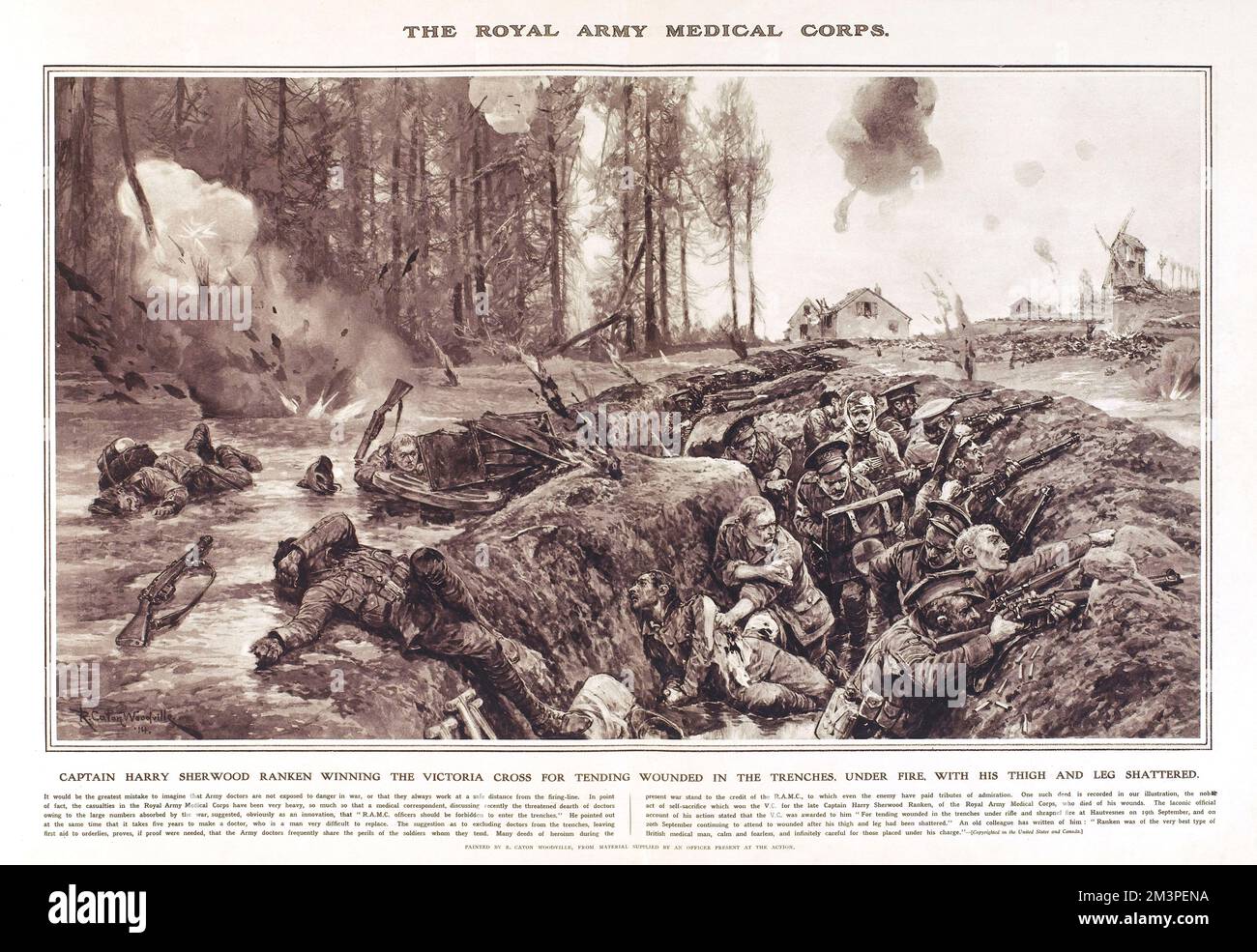 Captain Harry Sherwood Ranken of the Royal Army Medical Corps, winning the Victoria Cross for tending wounded soldiers in the trenches, under fire, with his thigh and leg shattered.  Reproduction of a painting by R Caton Woodville in Great War Deeds, a special panorama supplement produced by the Illustrated London News in 1915, featuring heroic actions of the First World War.      Date: 1915 Stock Photo