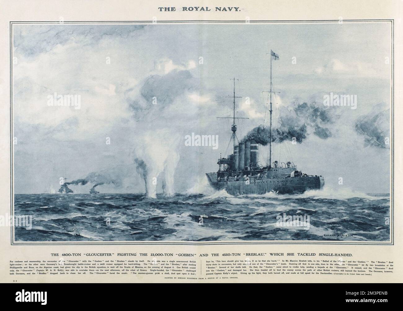 HMS Gloucester of the British Royal Navy single-handedly fighting two German ships, the Goeben and the Breslau.  Reproduction of a painting by Norman Wilkinson in Great War Deeds, a special panorama supplement produced by the Illustrated London News in 1915, featuring heroic actions of the First World War.      Date: 1915 Stock Photo