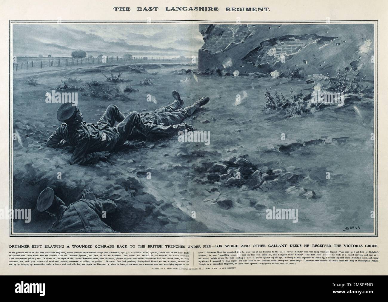 Drummer Spencer John Bent of the East Lancashire Regiment drawing a wounded comrade back to the British trenches under fire. For this and other brave actions he received the Victoria Cross.  Reproduction of a painting by S Begg in Great War Deeds, a special panorama supplement produced by the Illustrated London News in 1915, featuring heroic actions of the First World War.      Date: 1915 Stock Photo