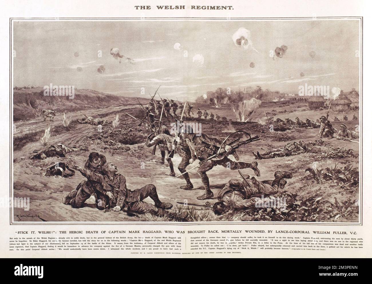 The heroic death of Captain Mark Haggard of the Welsh Regiment, who was brought back, mortally wounded, by Lance-Corporal William Fuller, VC.  Reproduction of a painting by R Caton Woodville in Great War Deeds, a special panorama supplement produced by the Illustrated London News in 1915, featuring heroic actions of the First World War.      Date: 1915 Stock Photo