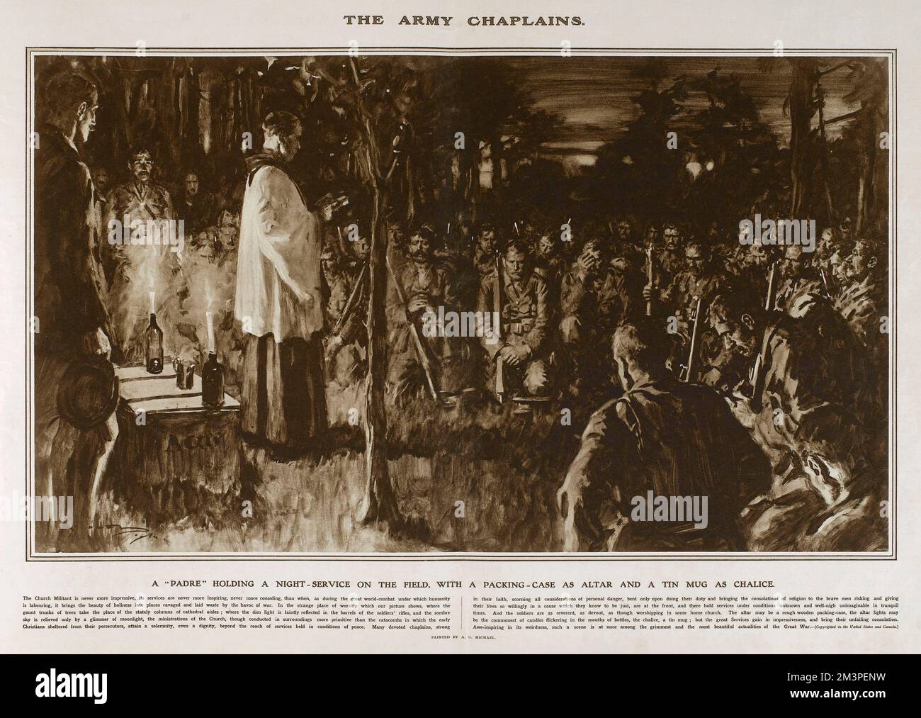 An Army Chaplain holding a night service on the battlefield, with a packing case as an altar and a tin mug as a chalice.  Reproduction of a painting by A C Michael in Great War Deeds, a special panorama supplement produced by the Illustrated London News in 1915, featuring heroic actions of the First World War.      Date: 1915 Stock Photo