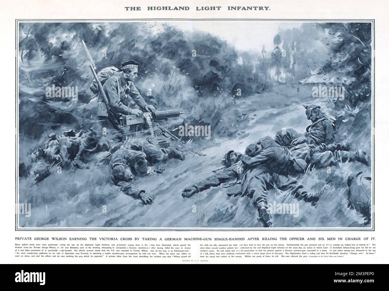 Private George Wilson of the Highland Light Infantry earning the Victoria Cross by taking a German machine gun single-handed after killing the officer and six men in charge of it.  Reproduction of a painting by A C Michael in Great War Deeds, a special panorama supplement produced by the Illustrated London News in 1915, featuring heroic actions of the First World War.      Date: 1915 Stock Photo