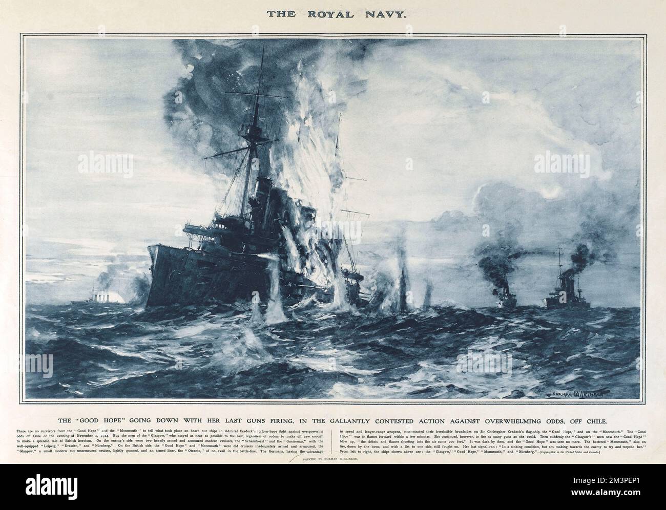 HMS Good Hope of the British Royal Navy going down with her last guns firing, in an action against overwhelming odds off the coast of Chile, South America.  Reproduction of a painting by Norman Wilkinson in Great War Deeds, a special panorama supplement produced by the Illustrated London News in 1915, featuring heroic actions of the First World War.      Date: 1914 Stock Photo
