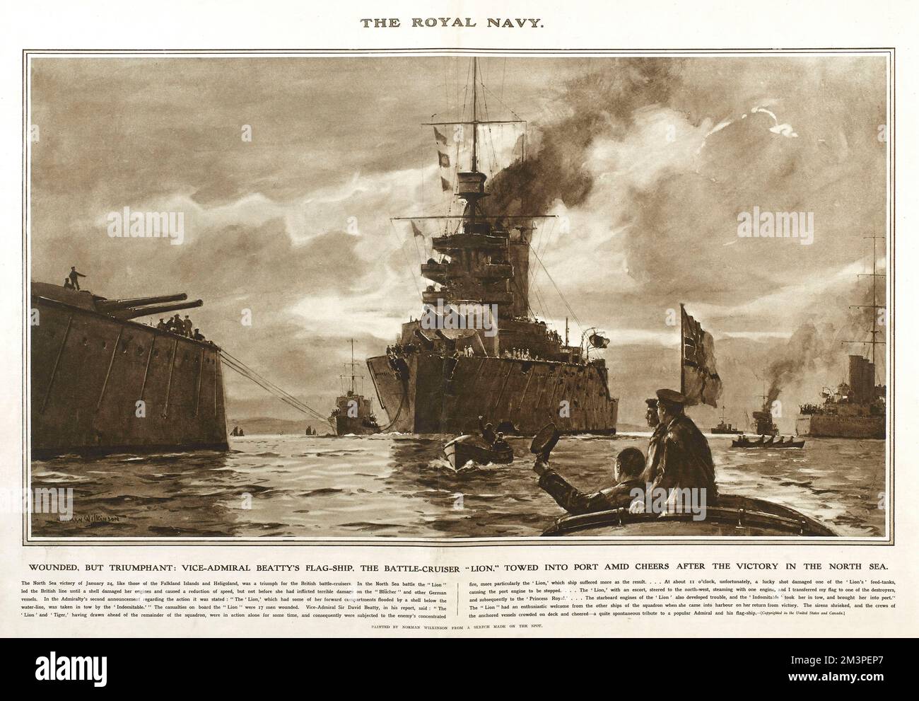Vice-Admiral Beatty's flagship, the battle cruiser HMS Lion of the Royal Navy, towed into port amid cheers after a victory in the North Sea.  Reproduction of a painting by Norman Wilkinson in Great War Deeds, a special panorama supplement produced by the Illustrated London News in 1915, featuring heroic actions of the First World War.      Date: 1914 Stock Photo