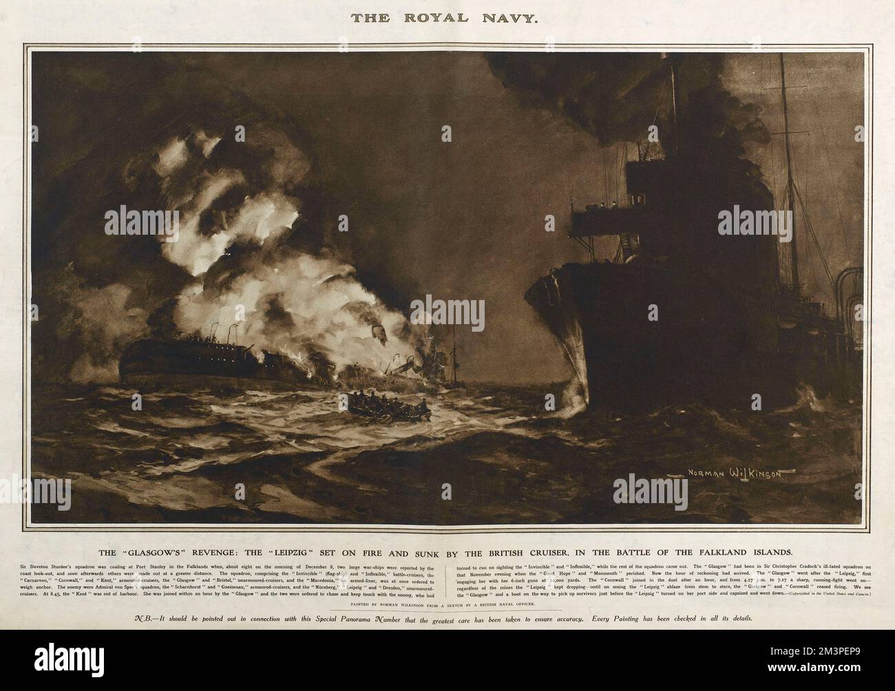 HMS Glasgow, cruiser of the British Royal Navy, in the Battle of the Falkland Islands, during which the German ship Leipzig was set on fire and sunk.  Reproduction of a painting by Norman Wilkinson in Great War Deeds, a special panorama supplement produced by the Illustrated London News in 1915, featuring heroic actions of the First World War.      Date: 1914 Stock Photo