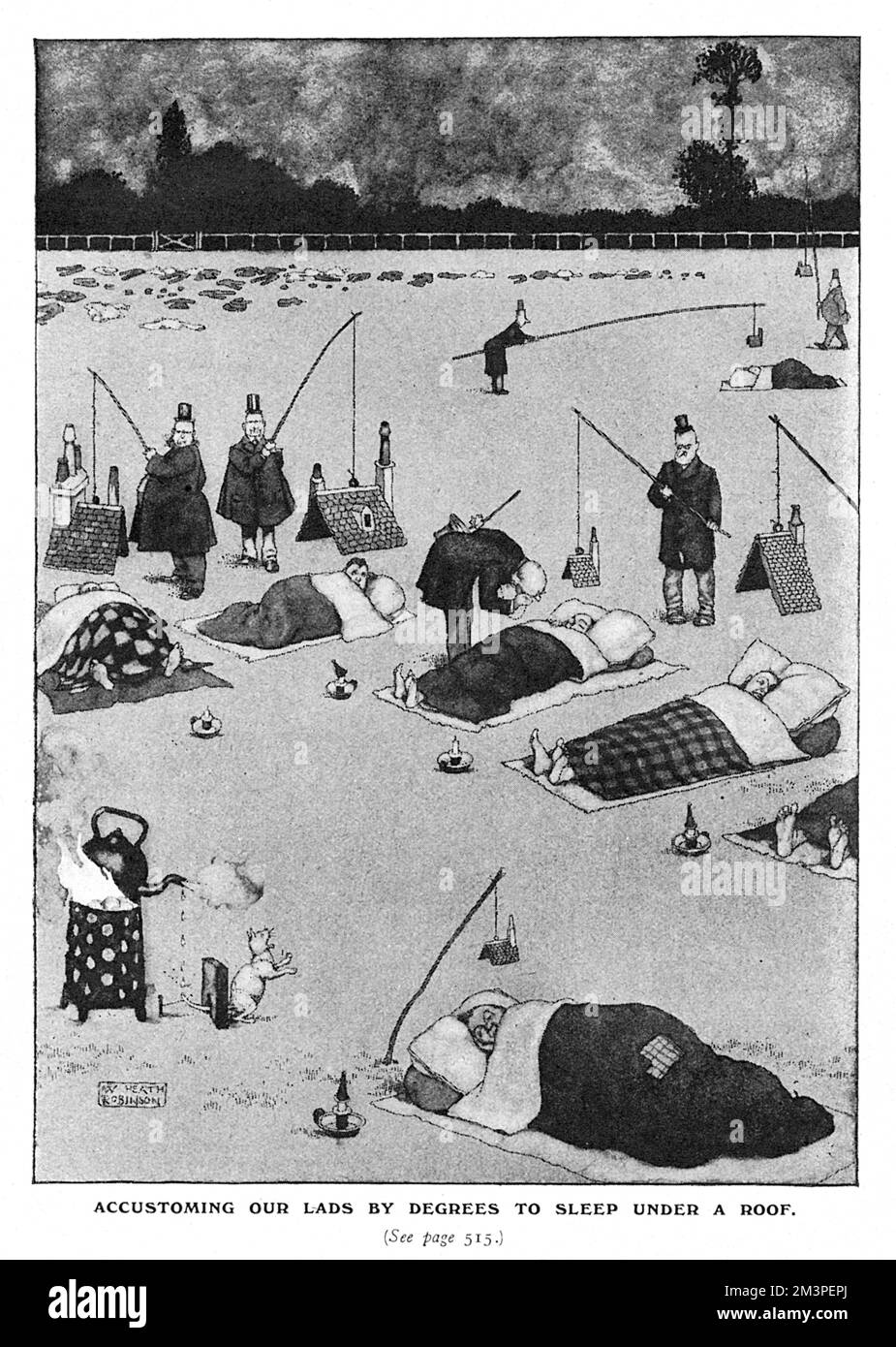 Untraining the Army - another idea from William Heath Robinson for ensuring soldiers become accustomed once more to civilian life.  In this case, they practice sleeping under roofs of increasing size - having spent a good amount of the last few years sleeping outside.     Date: 1917 Stock Photo