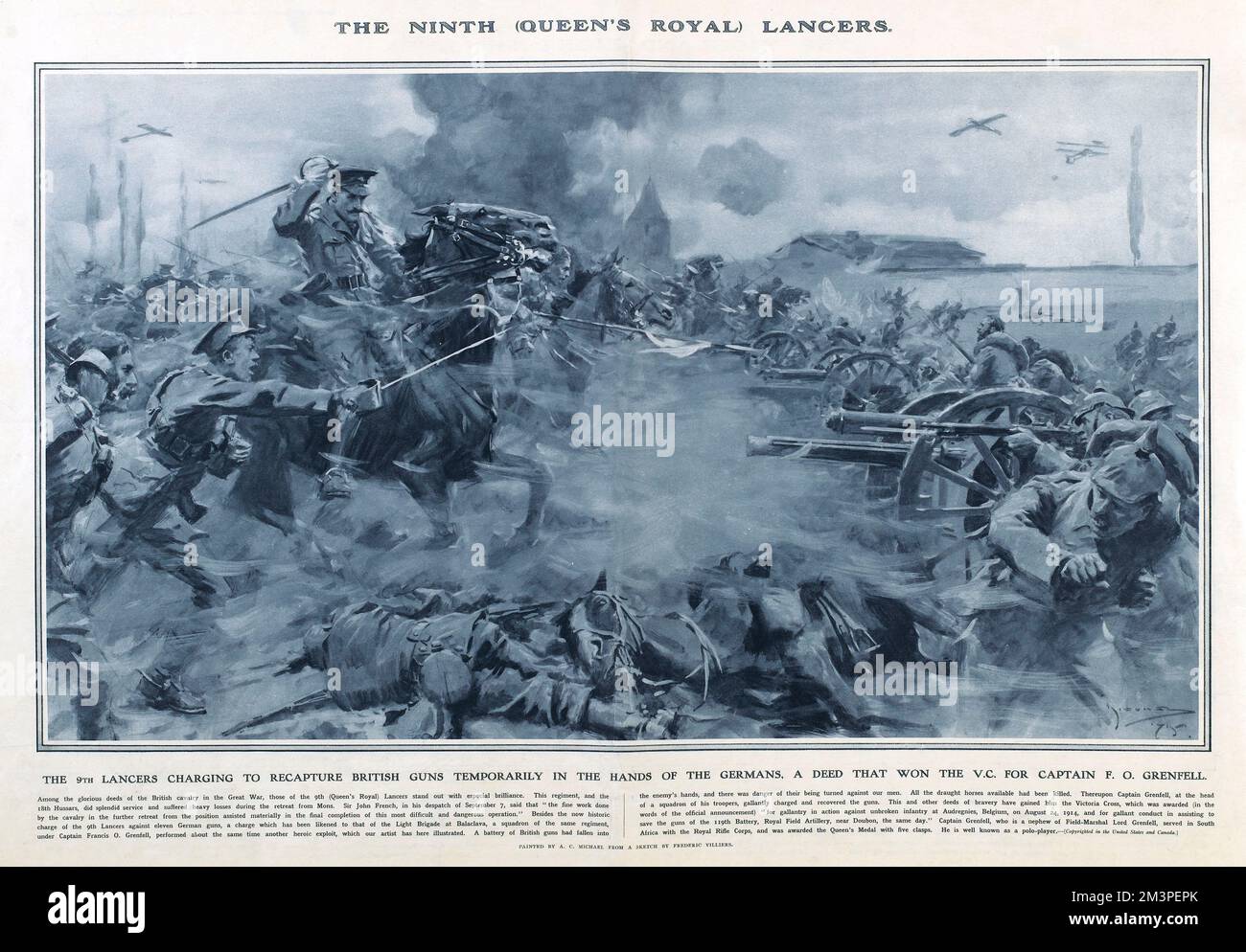 The Ninth (Queen's Royal) Lancers charging to recapture British guns temporarily in the hands of the Germans, a deed that won the Victoria Cross for Captain F O Grenfell.  Reproduction of a painting by A C Michael in Great War Deeds, a special panorama supplement produced by the Illustrated London News in 1915, featuring heroic actions of the First World War.      Date: 1914 Stock Photo