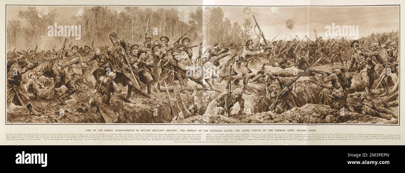The defeat of the Prussian Guard near Ypres, Belgium, by the British Army.  Reproduction of a painting by R Caton Woodville Great War Deeds, a special panorama supplement produced by the Illustrated London News in 1915, featuring heroic actions of the First World War.      Date: 1914 Stock Photo