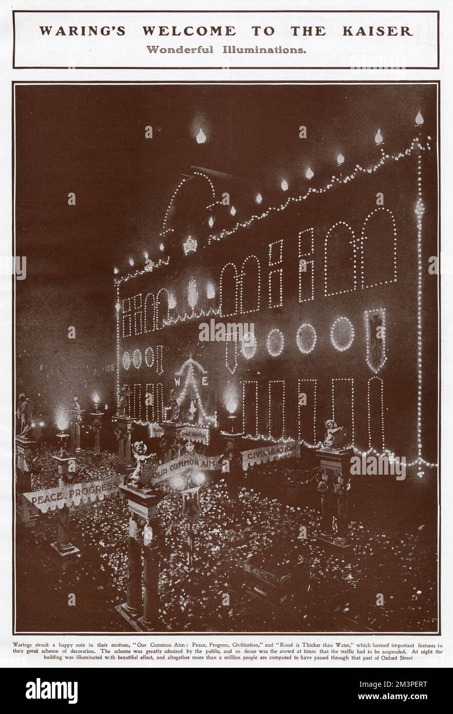 Warings shop in Oxford Street, London decorated the front of their with bright lights with mottoes staying 'Our Common Aim: Peace, Progress, Civilisations' and 'Blood id Thicker than Water,' with millions of people passing through. Stock Photo