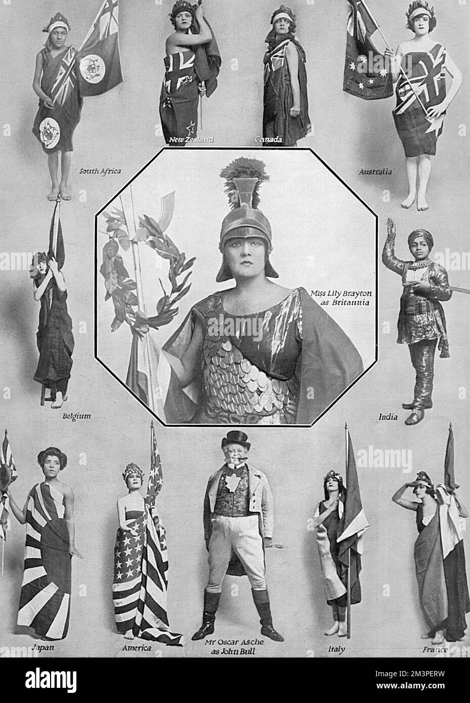 The cast of the First World War hit West End revue show, Chu Chin Chow, dressed in costume for an additional scene which had been a feature of the show since Armistice Night - with members dressed up to represent various different Allied countries.  The stars of the show, Oscar Asche and his wife, Lily Brayton, are dressed up as John Bull and Britainnia respectively.       Date: 1918 Stock Photo