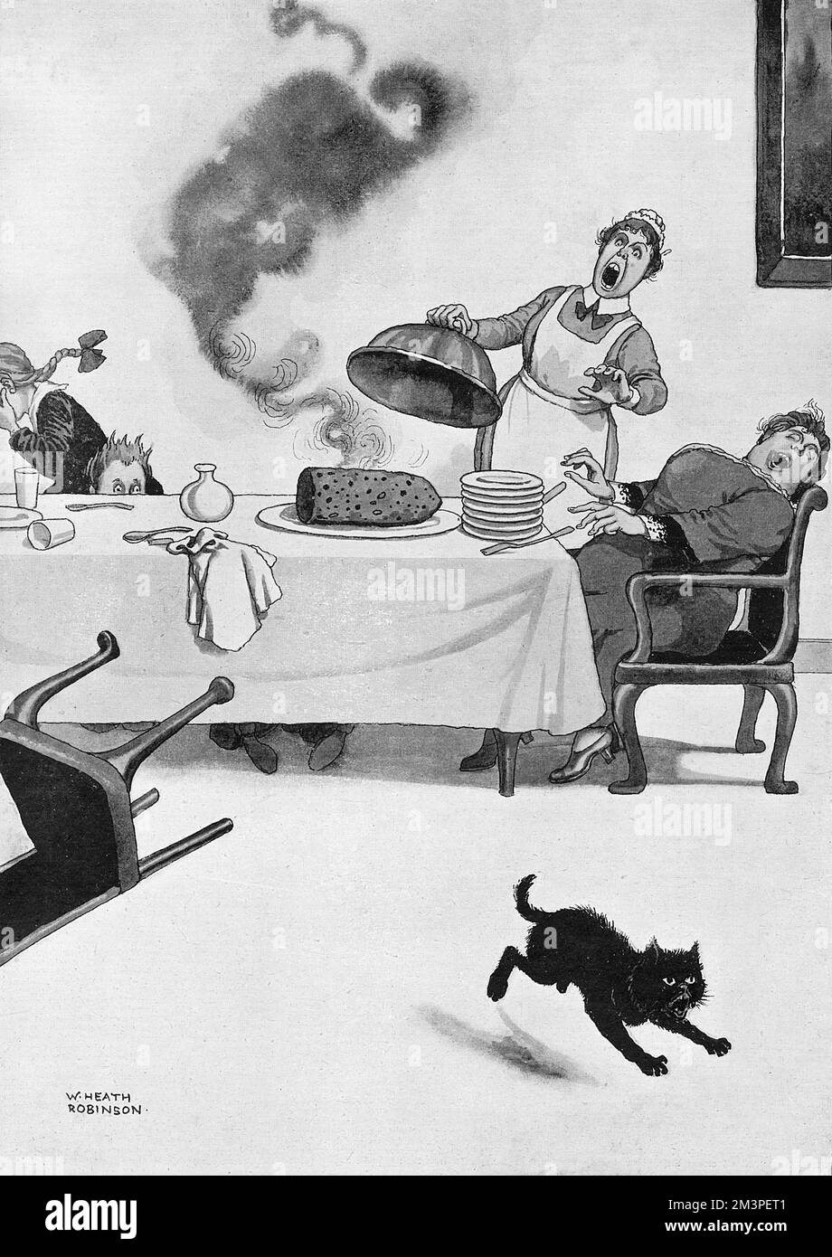 Distressing mistake of the cook recently released from a munition factory.    A family's cook absent-mindedly shapes the pudding for that day into a shell, much to the shock and panic of her employers.       Date: 1919 Stock Photo