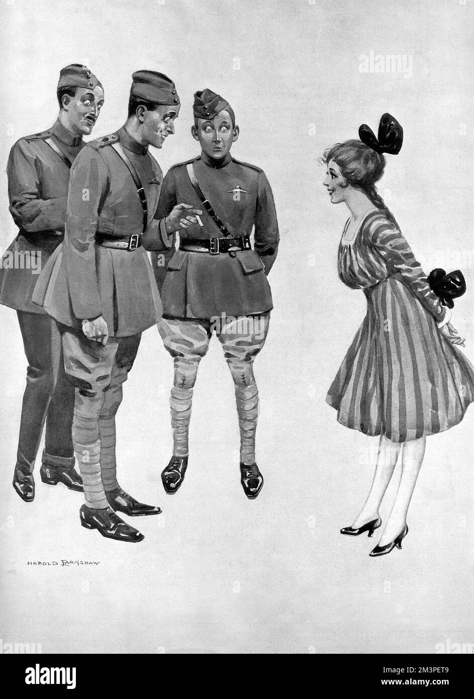 Three officers of the Royal Flying Corps (RFC), later the Royal Air Force (RAF) flirty with a young flapper girl.  Drawn by Harold 'Pat' Earnshaw, husband of Mabel Lucie Attwell who lost his right, drawing arm in February 1917, but was back drawing with his left by July that year.      Date: 1917 Stock Photo