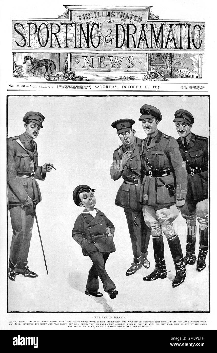 Front cover of The Illustrated Sporting and Dramatic News featuring a humorous illustration by Harold Cecil Earnshaw.  Earnshaw, known as 'Pat', was married to the illustrator Mabel Lucie Attwell and joined the Artists' Rifles during the First World War.  The caption explains what happened to him: 'Lce.-Cpl. Harold Earnshaw, Royal Sussex Regiment, the artist whose work is here reproduced, was wounded on February 13th last, and did not leave hospital until July 17th.  Although his right arm was blown off by a shell, that he has rapidly acquired skill in painting with his left hand will be seen Stock Photo